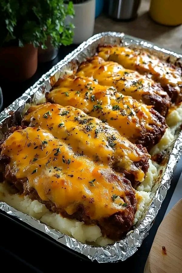 cheesy meatloaf over mashed potatoes